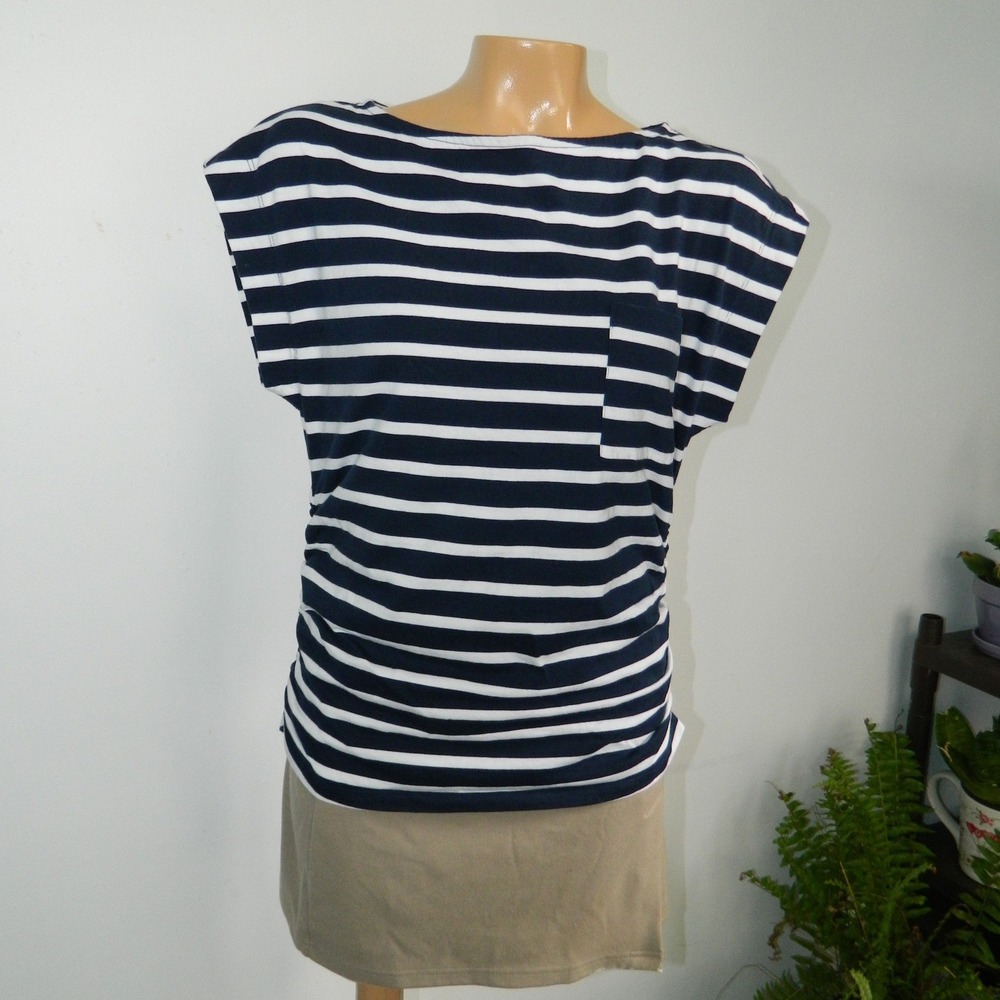 Loft Striped Top Women Med/Large Navy Blue White Ruched Side Short Sleeve Pocket